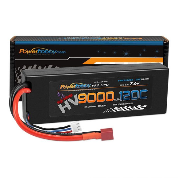 Power Hobby - 2S 7.6V HV + Graphene 9000mAh 120C LiPo Battery with Hardwired T-Plug