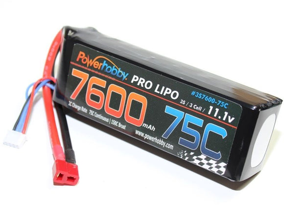 Power Hobby - 7600mAh 11.1V 3S 75C LiPo Battery with Hardwired T-Plug Connector