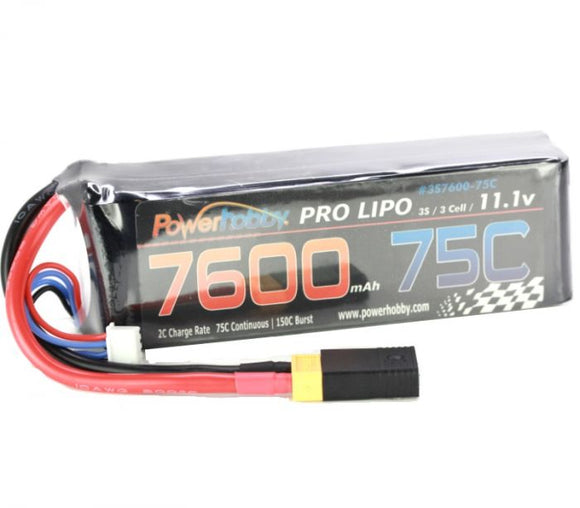 Power Hobby - 7600mAh 11.1V 3S 75C LiPo Battery with Hardwired XT60 Connector w/HC Adapter