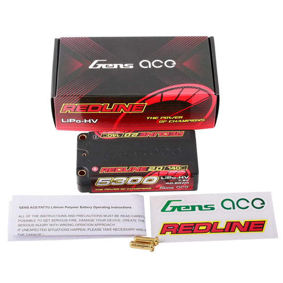 7.6V 5300mAh 2S 140C LiHV Shorty 5.0mm bullet Redline 2.0