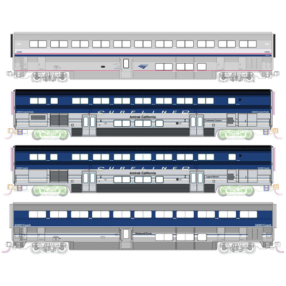 (N) Amtrak Pacific Surfliner 4 Car Add-on Set w/Pre-Installed Interior Lighting