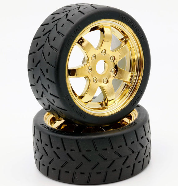 1/8 Gripper 42/100 Belted Mounted Tires 17mm Gold Wheels