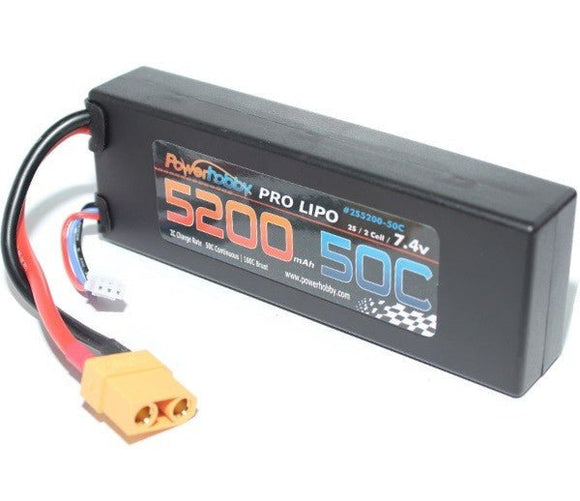 POWER HOBBY - 5200 mAh 7.4V 2S 50C LiPo Battery w/ Hardwired XT90 Connector