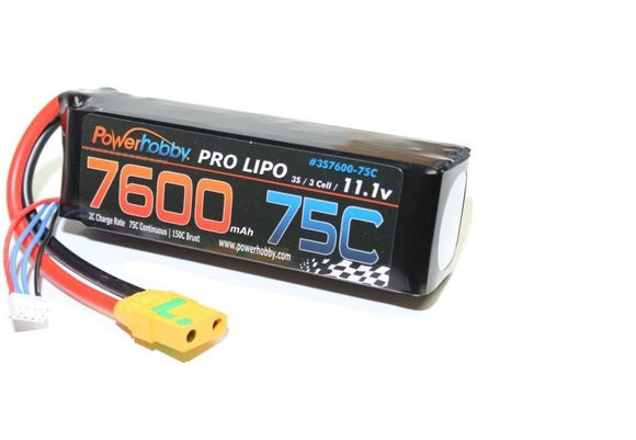 Power Hobby - 7600mAh 11.1V 3S 75C LiPo Battery with Hardwired XT90 Connector