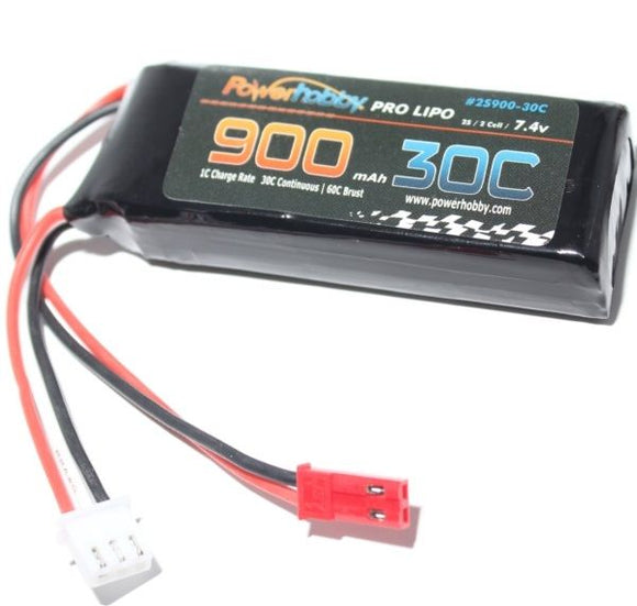 Power Hobby - 900mAh 7.4v 2S 30C Lipo Battery with Hardwired JST Connector