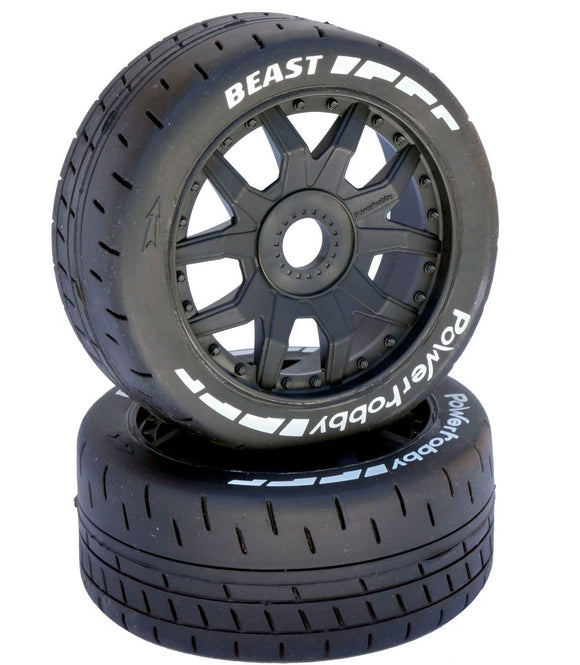 1/8 GT Beast Belted Mounted Tires 17mm Medium Black Wheels